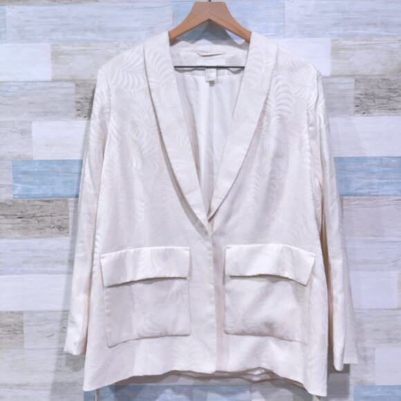 H&M Floral Jacquard Tie Waist Blazer Cream Lined Pockets One Button Womens US 12 - Picture 6 of 8